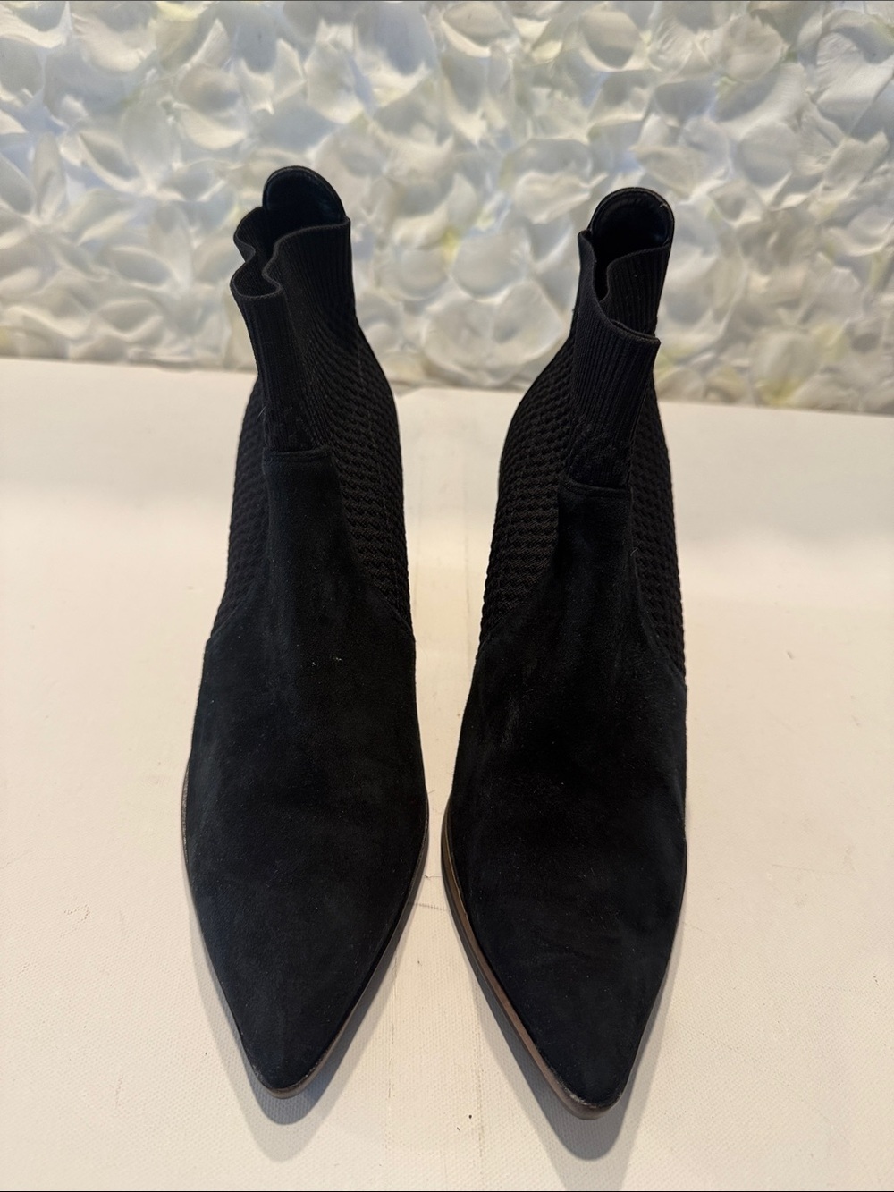 Cole Haan Black Pointed Suede Ankle Booties with Knit Panels